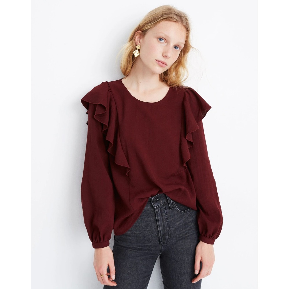 Madewell Ruffle Front Long Sleeve‎ Top in Dark Cabernet Size M
